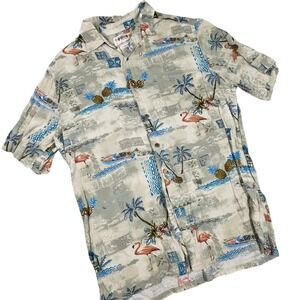 Campia Moda Hawaiian Shirt Flamingo Tropical Camp Palm Trees Button Up sz Medium